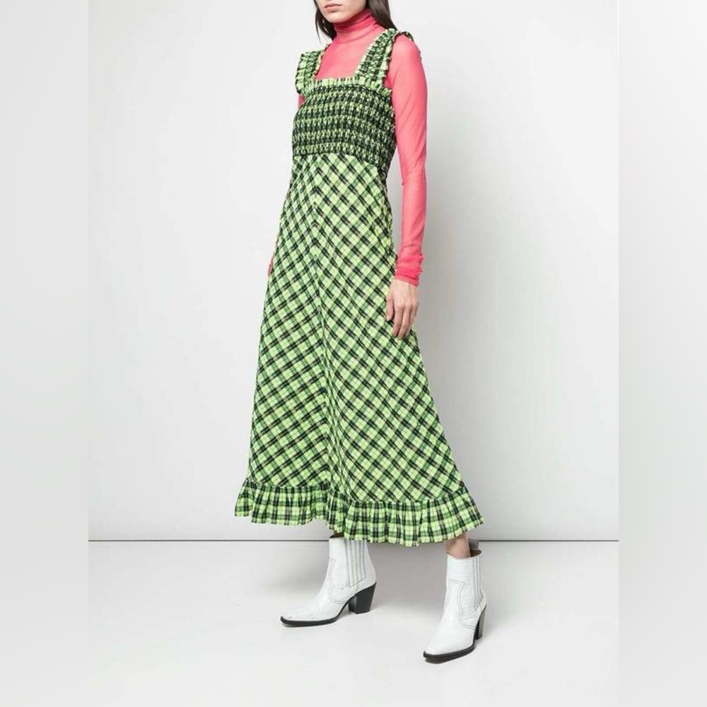 GANNI Seersucker Check Maxi Dress in green - Picture 8 of 13